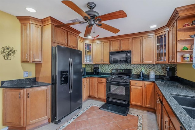 kitchen with black appliances, a ceiling fan, decorative backsplash, light tile patterned flooring, and recessed lighting