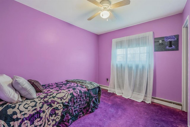 carpeted bedroom with a baseboard radiator, ceiling fan, and baseboards