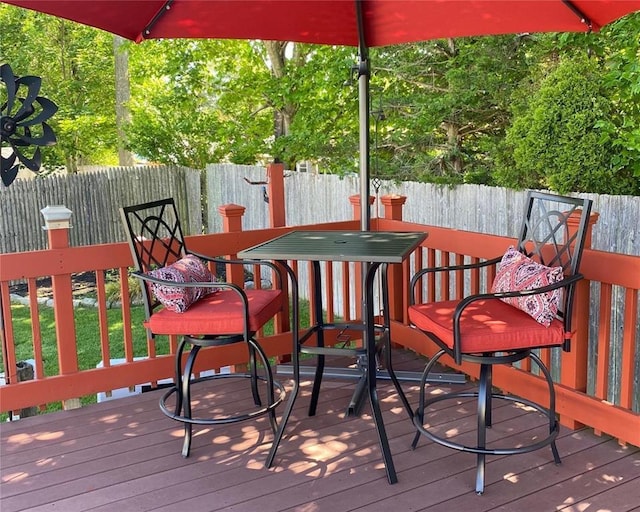 wooden terrace with a fenced backyard