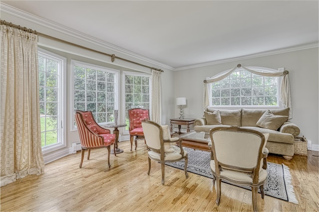 living room featuring wood finished floors, ornamental molding, and plenty of natural light