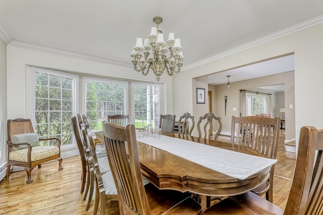 dining area with a chandelier, ornamental molding, light wood-style floors, and healthy amount of natural light