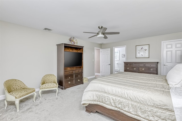 bedroom featuring carpet floors, baseboards, and a ceiling fan