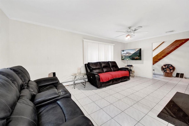 680 Corbalis Pl, Yonkers, NY 10703 - tiled living area with baseboard heating, a ceiling fan, ornamental molding, and stairway