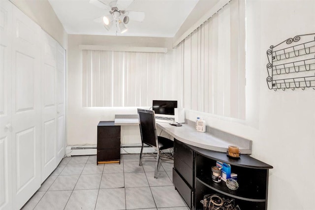 680 Corbalis Pl, Yonkers, NY 10703 - tiled office featuring a baseboard heating unit, a ceiling fan, lofted ceiling, and built in desk