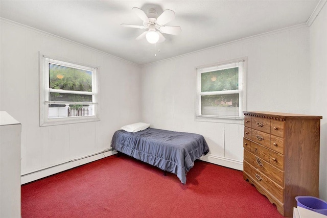 680 Corbalis Pl, Yonkers, NY 10703 - bedroom featuring a baseboard radiator, carpet, crown molding, and a ceiling fan