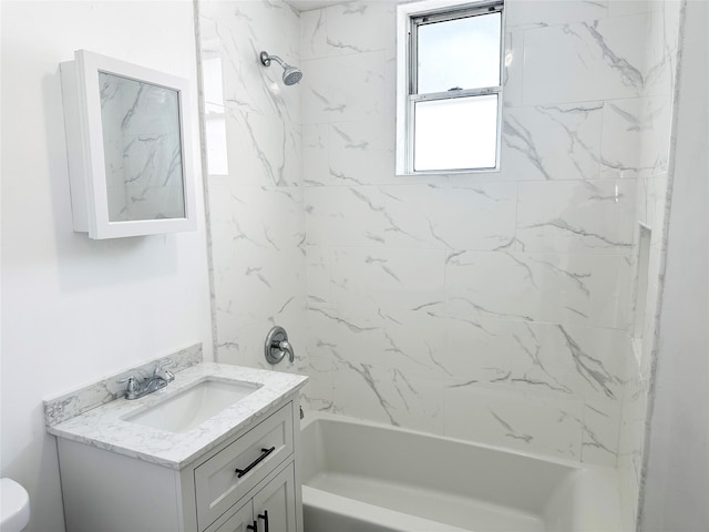 bathroom with vanity,  shower combination, and toilet