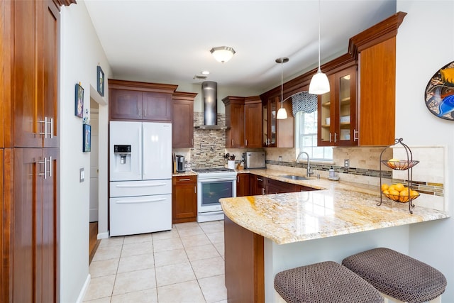21 Coventry Ln, Smithtown, NY 11787 - kitchen with white appliances, wall chimney range hood, a sink, a peninsula, and glass insert cabinets