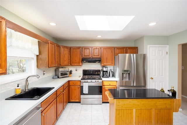 kitchen with appliances with stainless steel finishes, under cabinet range hood, a sink, a skylight, and tasteful backsplash