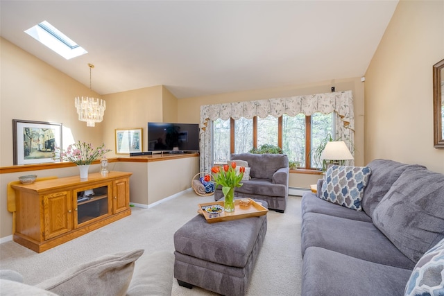 living room with a skylight, vaulted ceiling, a chandelier, a baseboard radiator, and carpet floors