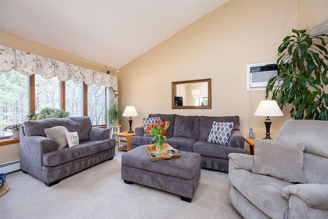 carpeted living area with a wall unit AC, high vaulted ceiling, and a baseboard radiator