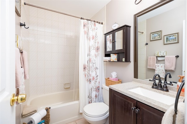 bathroom featuring toilet, shower / bathtub combination with curtain, vanity, and tile patterned floors