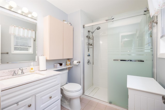 full bath with tile patterned flooring, a shower stall, toilet, and vanity