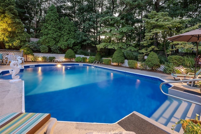 view of swimming pool featuring fence, view of scattered trees, and a patio