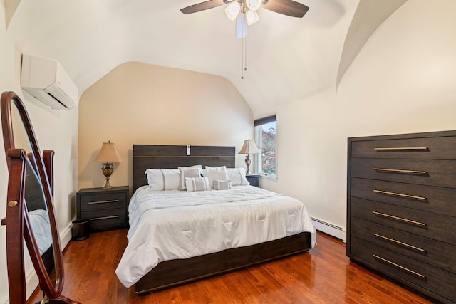 53 Irwin Pl, Huntington, NY 11743 - bedroom with baseboard heating, a wall mounted AC, lofted ceiling, dark wood-style flooring, and ceiling fan