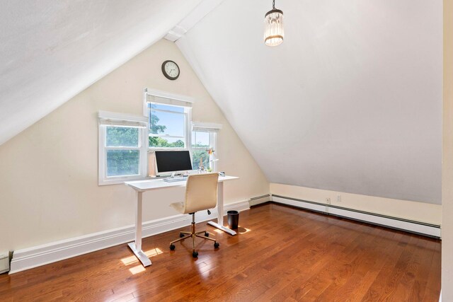 53 Irwin Pl, Huntington, NY 11743 - office area with a baseboard heating unit, lofted ceiling, wood finished floors, and baseboards
