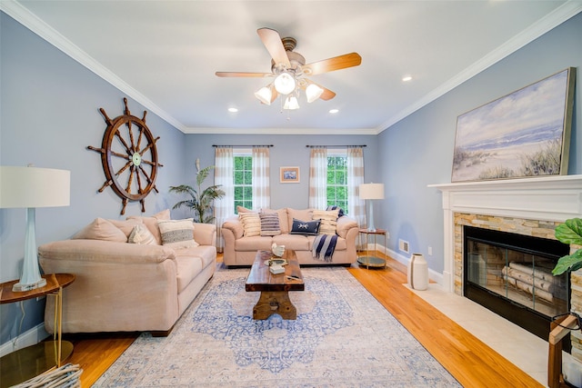 444 Haviland Hollow Rd, Patterson, NY 12563 - living area with a ceiling fan, wood finished floors, a fireplace, recessed lighting, and baseboards