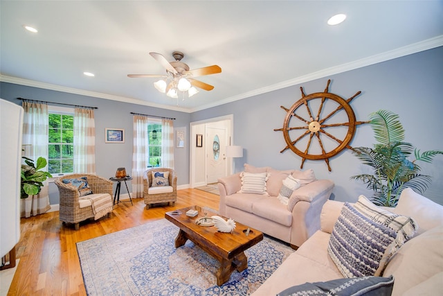 444 Haviland Hollow Rd, Patterson, NY 12563 - living room with a ceiling fan, light wood-type flooring, crown molding, baseboards, and recessed lighting