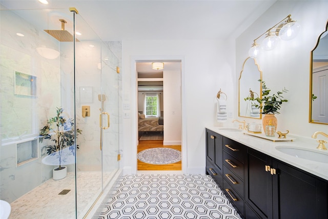444 Haviland Hollow Rd, Patterson, NY 12563 - bathroom with a marble finish shower, ensuite bath, baseboards, and double vanity