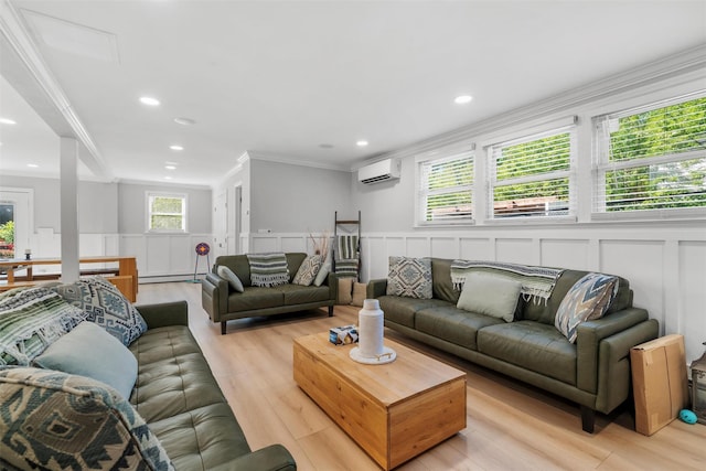 50 Old Dutch Hollow Rd, Monroe, NY 10950 - living room featuring a wall unit AC, a decorative wall, a baseboard heating unit, crown molding, and light wood finished floors
