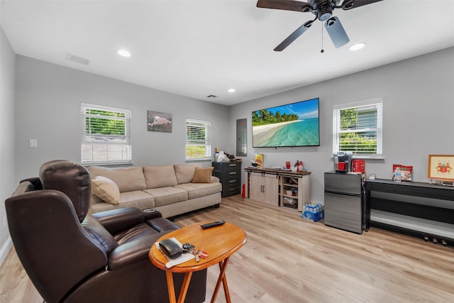 50 Old Dutch Hollow Rd, Monroe, NY 10950 - living area featuring light wood-style flooring, healthy amount of natural light, recessed lighting, a ceiling fan, and electric panel