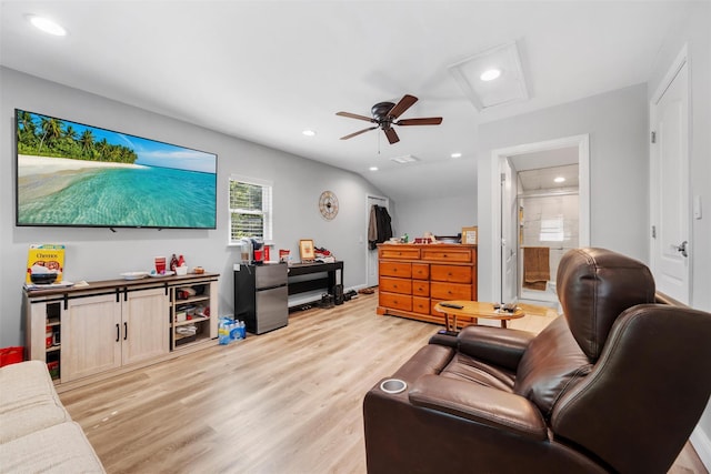 50 Old Dutch Hollow Rd, Monroe, NY 10950 - living room featuring attic access, light wood finished floors, a ceiling fan, and recessed lighting