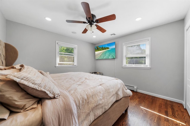 50 Old Dutch Hollow Rd, Monroe, NY 10950 - bedroom with a baseboard radiator, multiple windows, recessed lighting, dark wood-type flooring, and ceiling fan