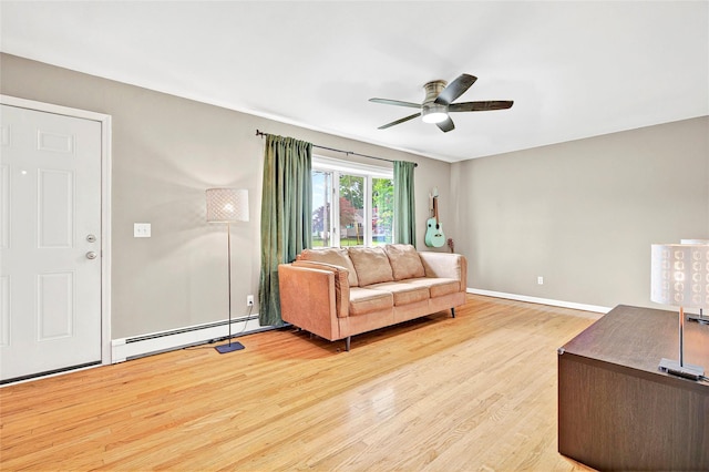 21 James Rd, Monroe, NY 10950 - living room featuring baseboard heating, light wood finished floors, a ceiling fan, and baseboards