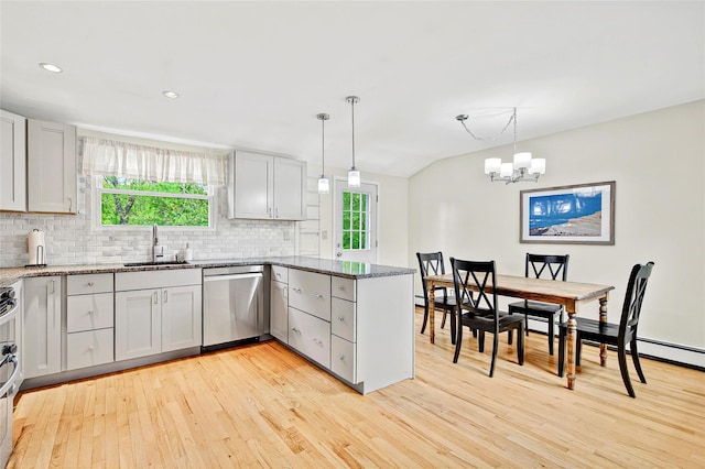 21 James Rd, Monroe, NY 10950 - kitchen featuring dishwasher, a sink, a peninsula, light wood-style flooring, and decorative backsplash