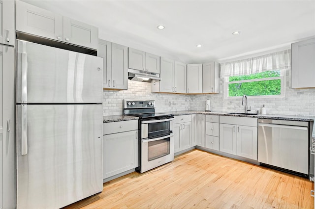 21 James Rd, Monroe, NY 10950 - kitchen featuring appliances with stainless steel finishes, a sink, under cabinet range hood, stone counters, and light wood finished floors