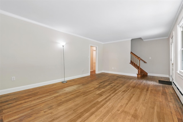 23 Entrance Way, Purdys, NY 10578 - unfurnished living room with light wood finished floors, stairway, a baseboard radiator, baseboards, and ornamental molding