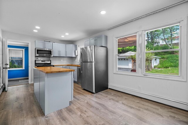 15 Scanlon Ave, Florida, NY 10921 - kitchen with appliances with stainless steel finishes, butcher block countertops, a baseboard heating unit, light wood finished floors, and recessed lighting