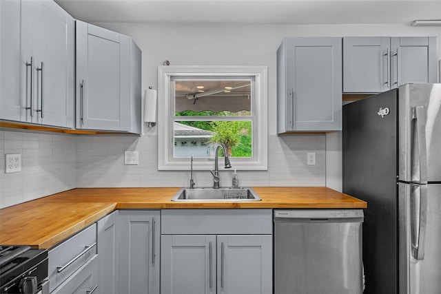 15 Scanlon Ave, Florida, NY 10921 - kitchen with stainless steel appliances, a sink, butcher block countertops, tasteful backsplash, and gray cabinets