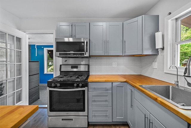 15 Scanlon Ave, Florida, NY 10921 - kitchen featuring appliances with stainless steel finishes, butcher block counters, a sink, gray cabinets, and tasteful backsplash