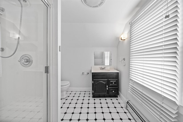 15 Scanlon Ave, Florida, NY 10921 - full bath featuring baseboards, a shower stall, vanity, baseboard heating, and vaulted ceiling
