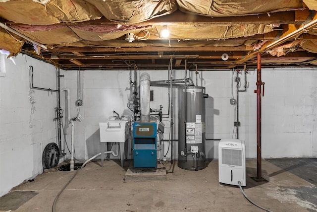 15 Scanlon Ave, Florida, NY 10921 - unfinished below grade area with gas water heater, a heating unit, and a sink