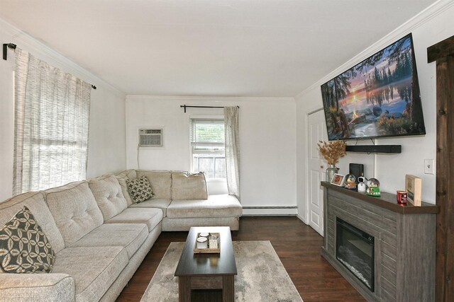 133 Spring Ln, Levittown, NY 11756 - living area with a baseboard radiator, ornamental molding, dark wood-type flooring, a glass covered fireplace, and a wall mounted AC