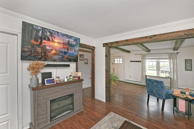 133 Spring Ln, Levittown, NY 11756 - living room featuring wood finished floors, a baseboard heating unit, crown molding, a glass covered fireplace, and baseboards