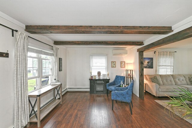 133 Spring Ln, Levittown, NY 11756 - living area with an AC wall unit, beam ceiling, wood finished floors, and a baseboard heating unit