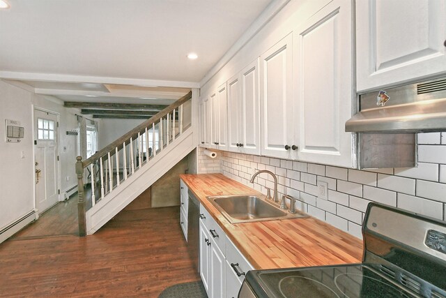 133 Spring Ln, Levittown, NY 11756 - kitchen with wood counters, stainless steel electric stove, a sink, dark wood-type flooring, and white cabinets