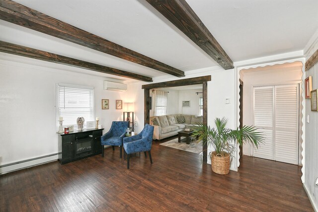 133 Spring Ln, Levittown, NY 11756 - living area with a wall mounted air conditioner, wood finished floors, a baseboard radiator, and beam ceiling