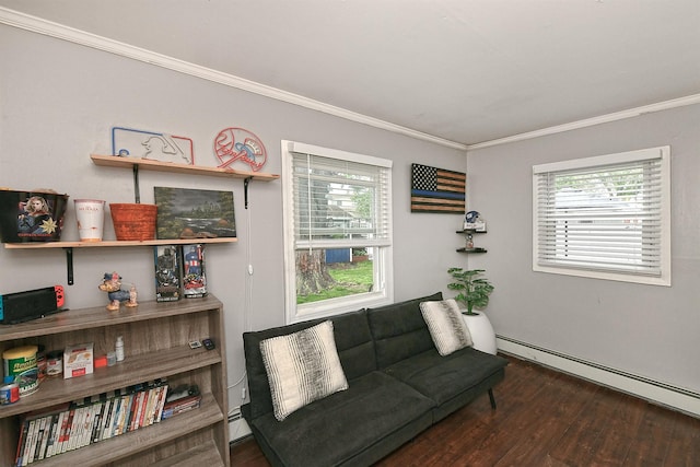 133 Spring Ln, Levittown, NY 11756 - living area with ornamental molding, wood finished floors, and a baseboard heating unit
