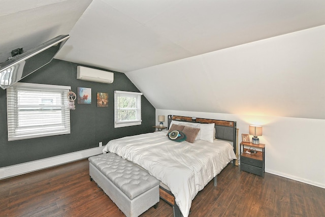 133 Spring Ln, Levittown, NY 11756 - bedroom with a wall mounted AC, wood finished floors, vaulted ceiling, and baseboards