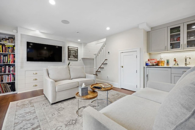 5 Donald Dr, Hastings-On-Hudson, NY 10706 - living room with wood finished floors, stairs, and recessed lighting
