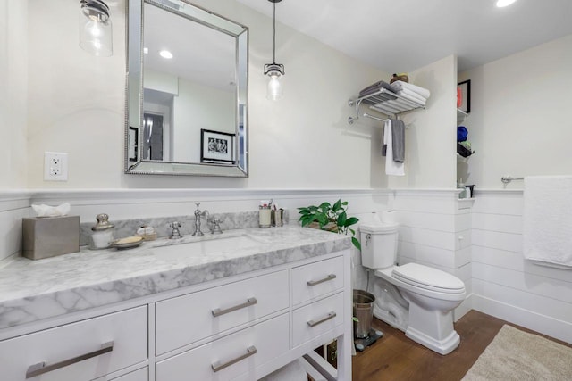 5 Donald Dr, Hastings-On-Hudson, NY 10706 - bathroom featuring vanity, wood finished floors, a wainscoted wall, toilet, and recessed lighting