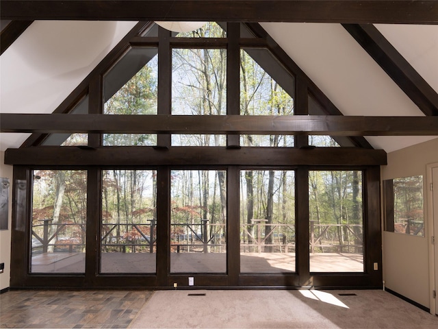 61 Reinhardt Rd, Middletown, NY 10940 - doorway to outside with high vaulted ceiling and beamed ceiling