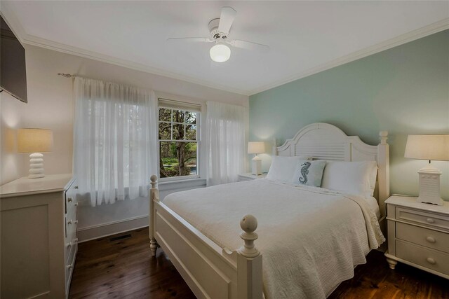 5A/5B Jessup Ln, Quogue, NY 11959 - bedroom featuring dark wood-style flooring, crown molding, ceiling fan, and baseboards