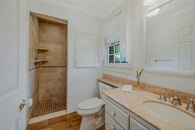 5A/5B Jessup Ln, Quogue, NY 11959 - bathroom featuring vanity, a tile shower, toilet, and ornamental molding