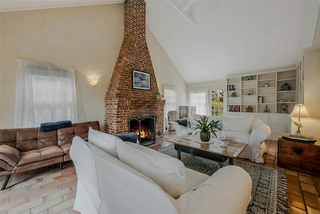 5A/5B Jessup Ln, Quogue, NY 11959 - living area featuring high vaulted ceiling and a brick fireplace