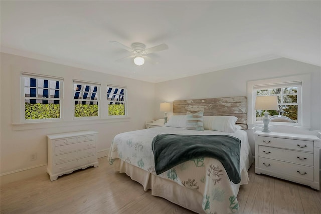5A/5B Jessup Ln, Quogue, NY 11959 - bedroom featuring light wood-type flooring, baseboards, ceiling fan, and vaulted ceiling