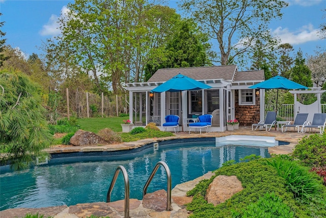 5A/5B Jessup Ln, Quogue, NY 11959 - outdoor pool with an exterior structure, an outbuilding, and a patio